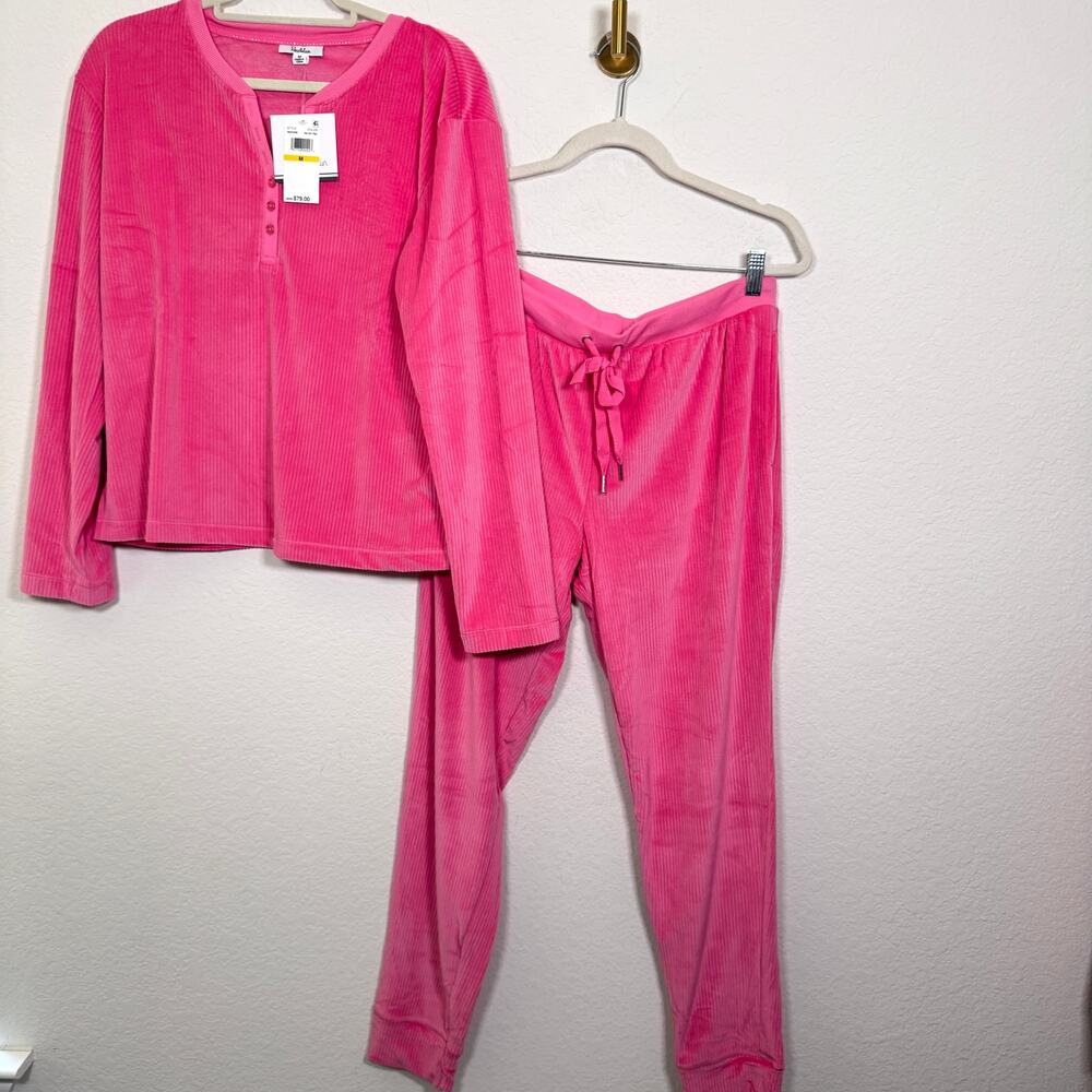 Roudleain Womens Two Piece Long Sleeve Henley Sleep Pajama Set Size M Hot Pink
